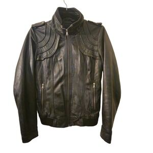 GUESS Womens Vintage Leather Jacket Zipper Pockets Black Size‎ Small